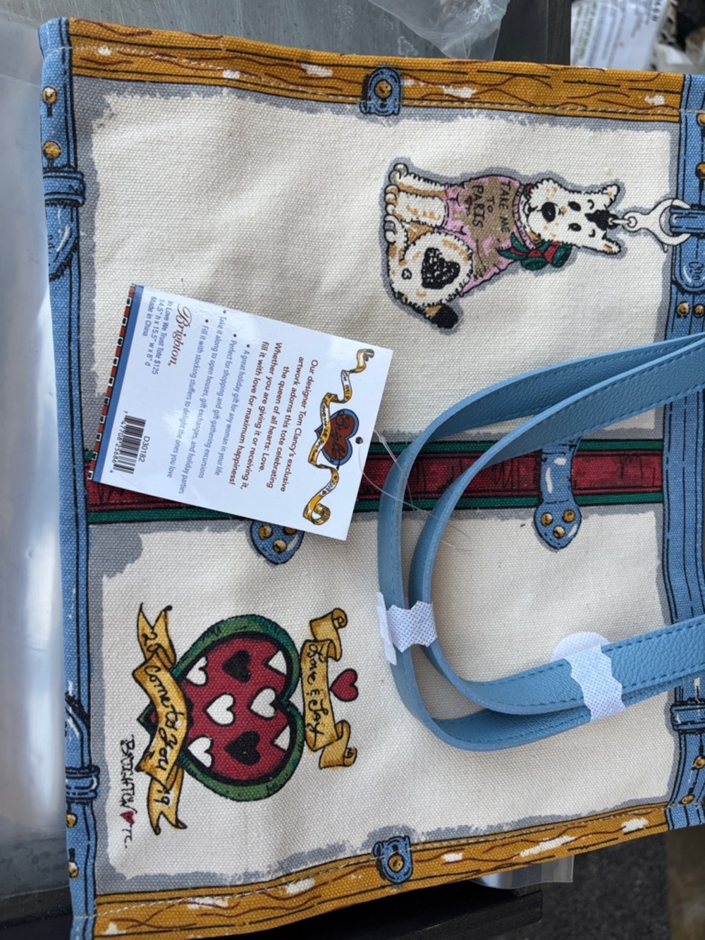 Brighton Cream Canvas Tote with Light Blue Handles and Colorful Heart & Dog Art